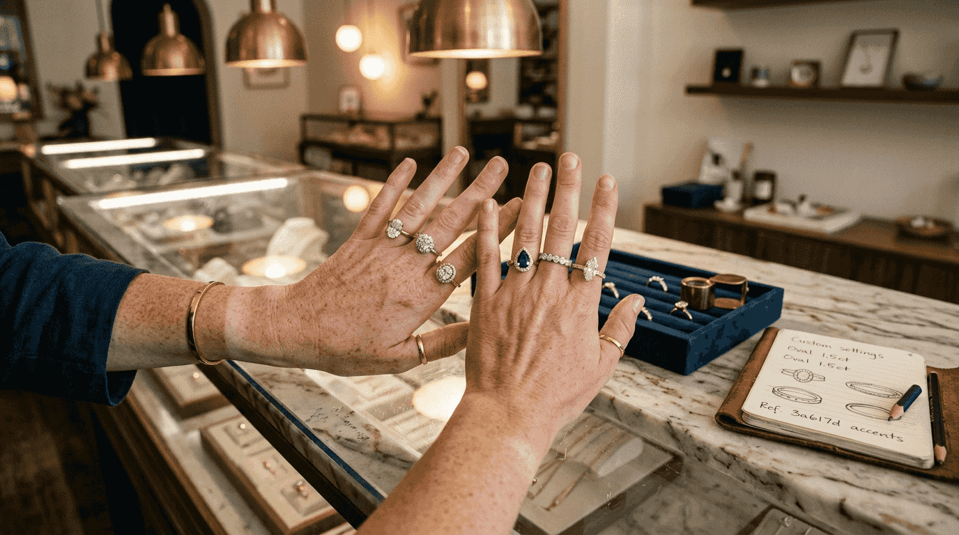 Hands comparing rose and yellow gold rings