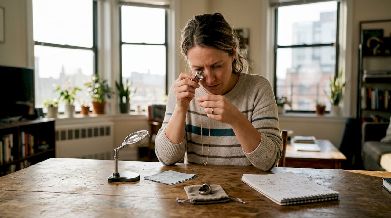 Woman inspecting jewelry with loupe at table