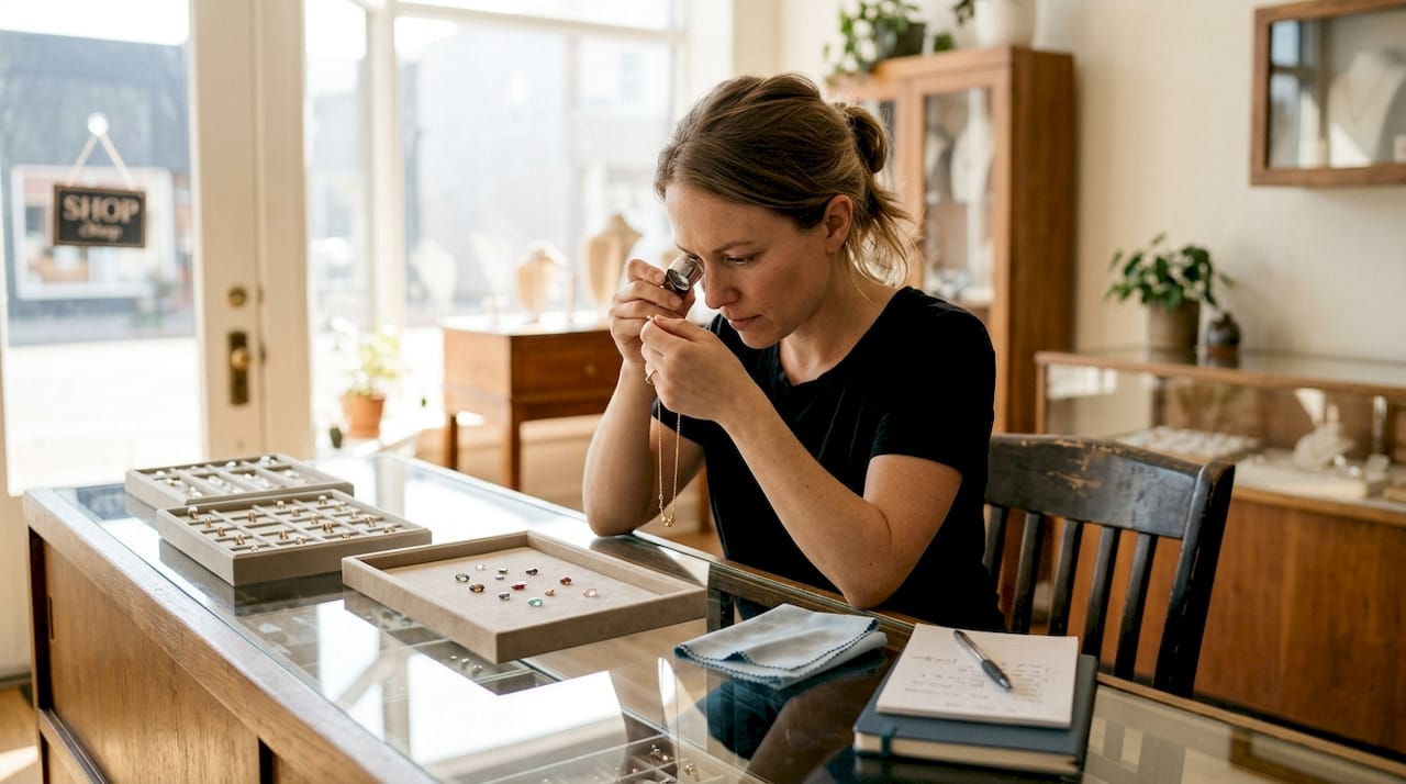 Woman closely inspecting a gold necklace