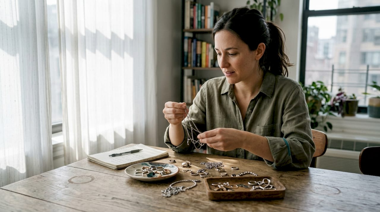 Woman sorting jewelry at home table