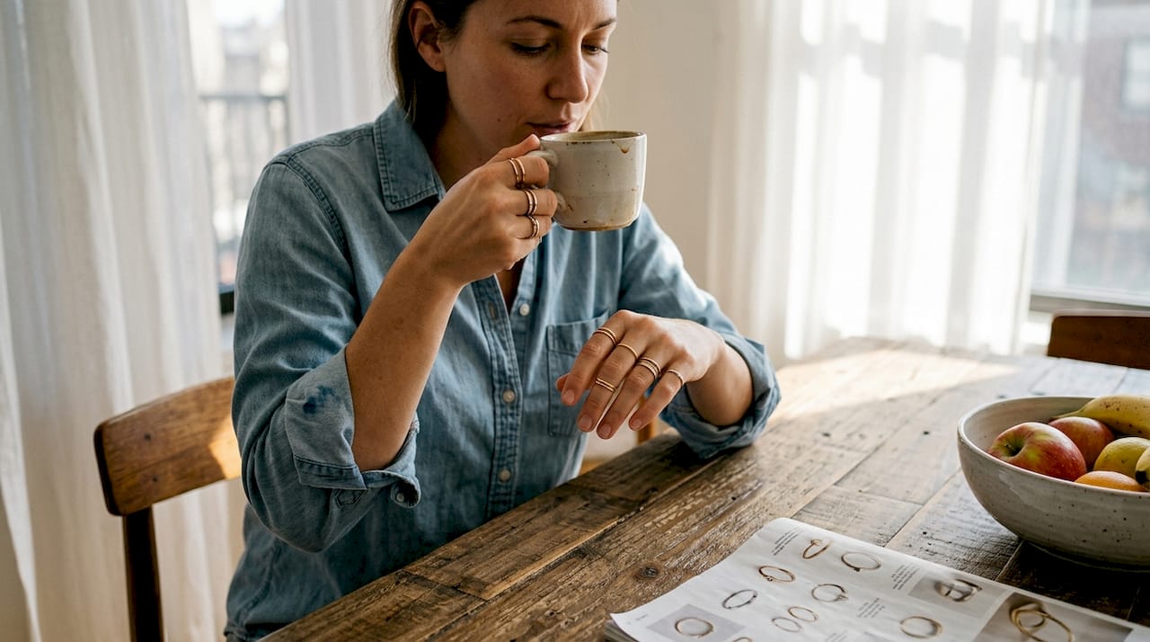 Woman stacking gold and silver rings at home
