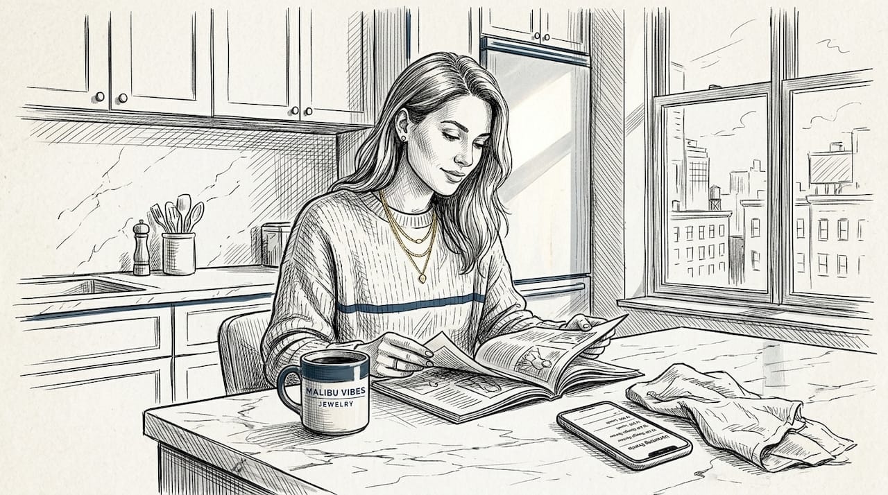 Woman wearing luxury jewelry in kitchen