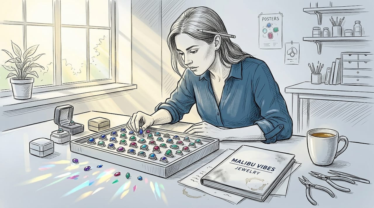 Jewelry designer examines colorful gemstone rings