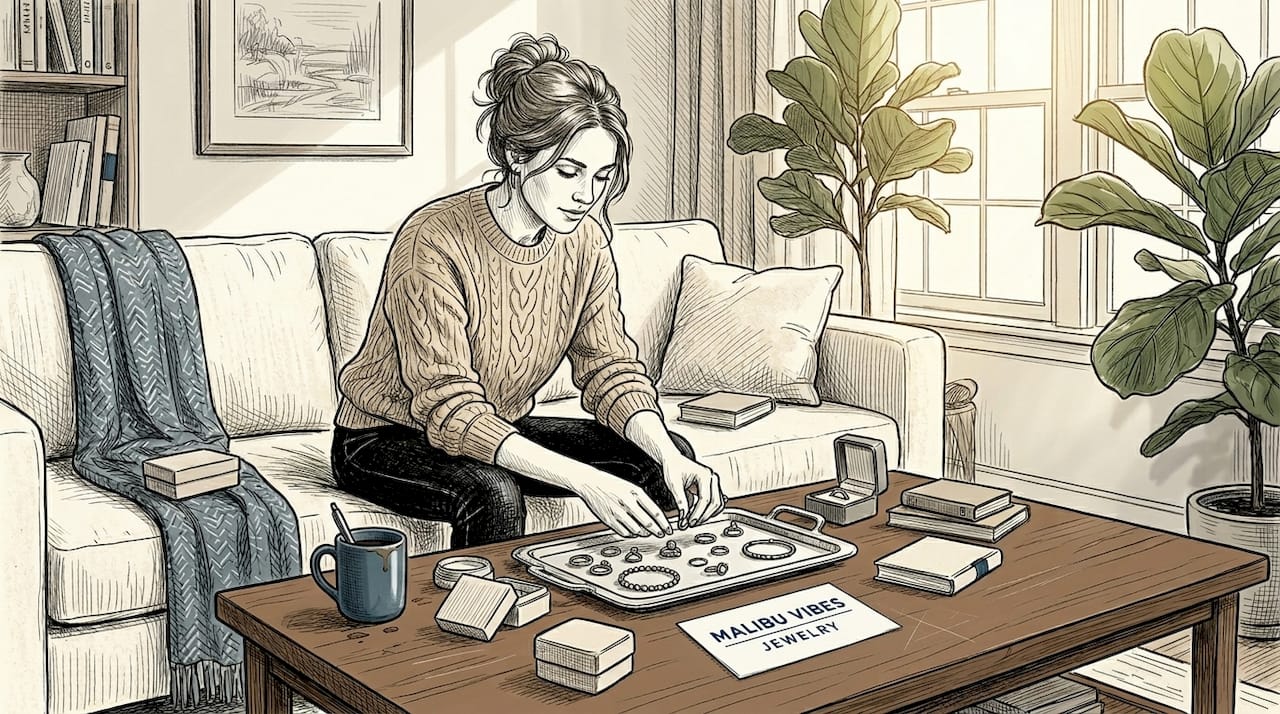 Woman sorting luxury stackable jewelry at home