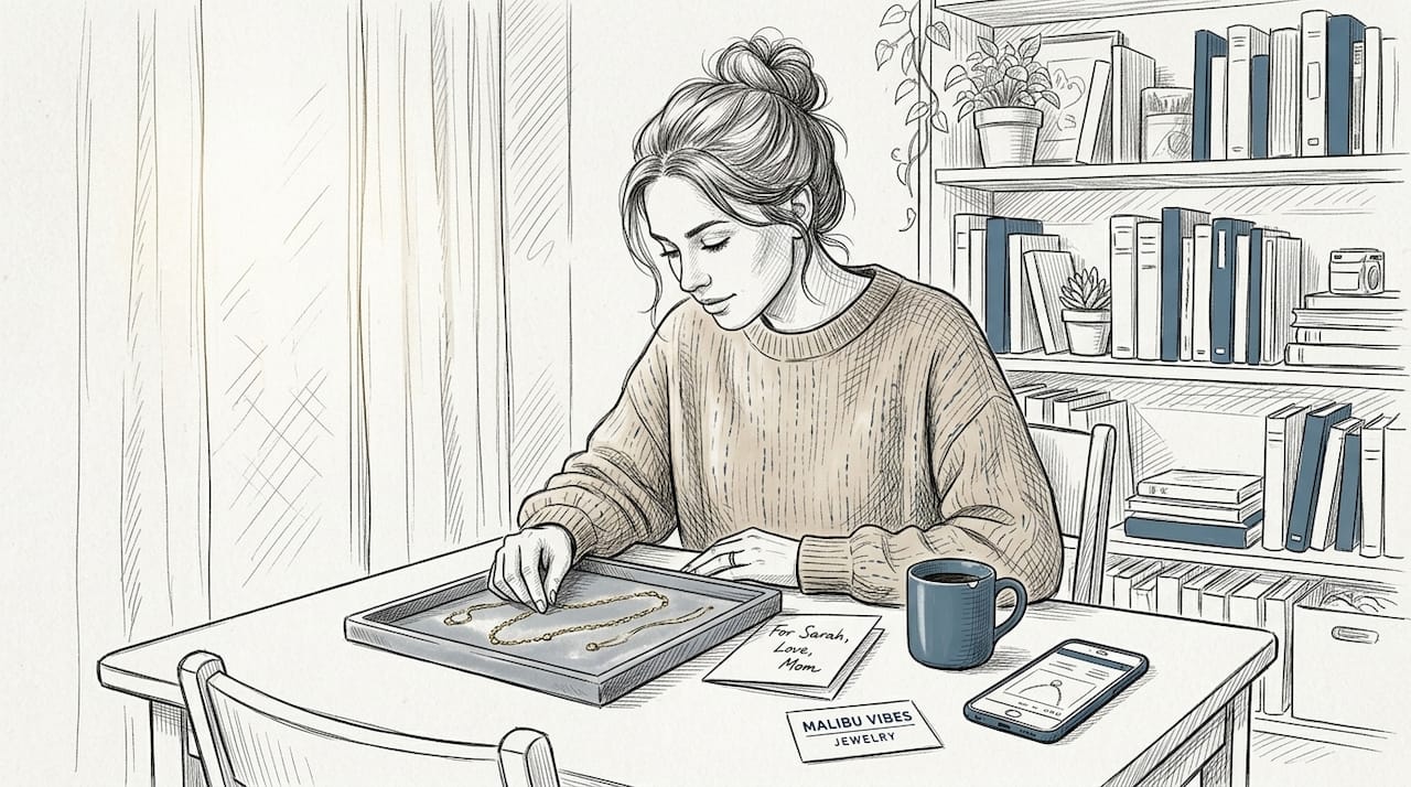 Woman selecting delicate necklace at home table