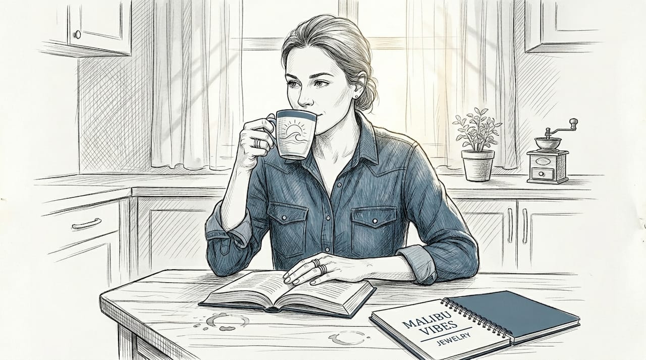 Woman wearing stack rings reading at kitchen table