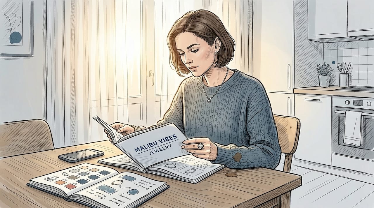 Woman browsing gemstone jewelry at home