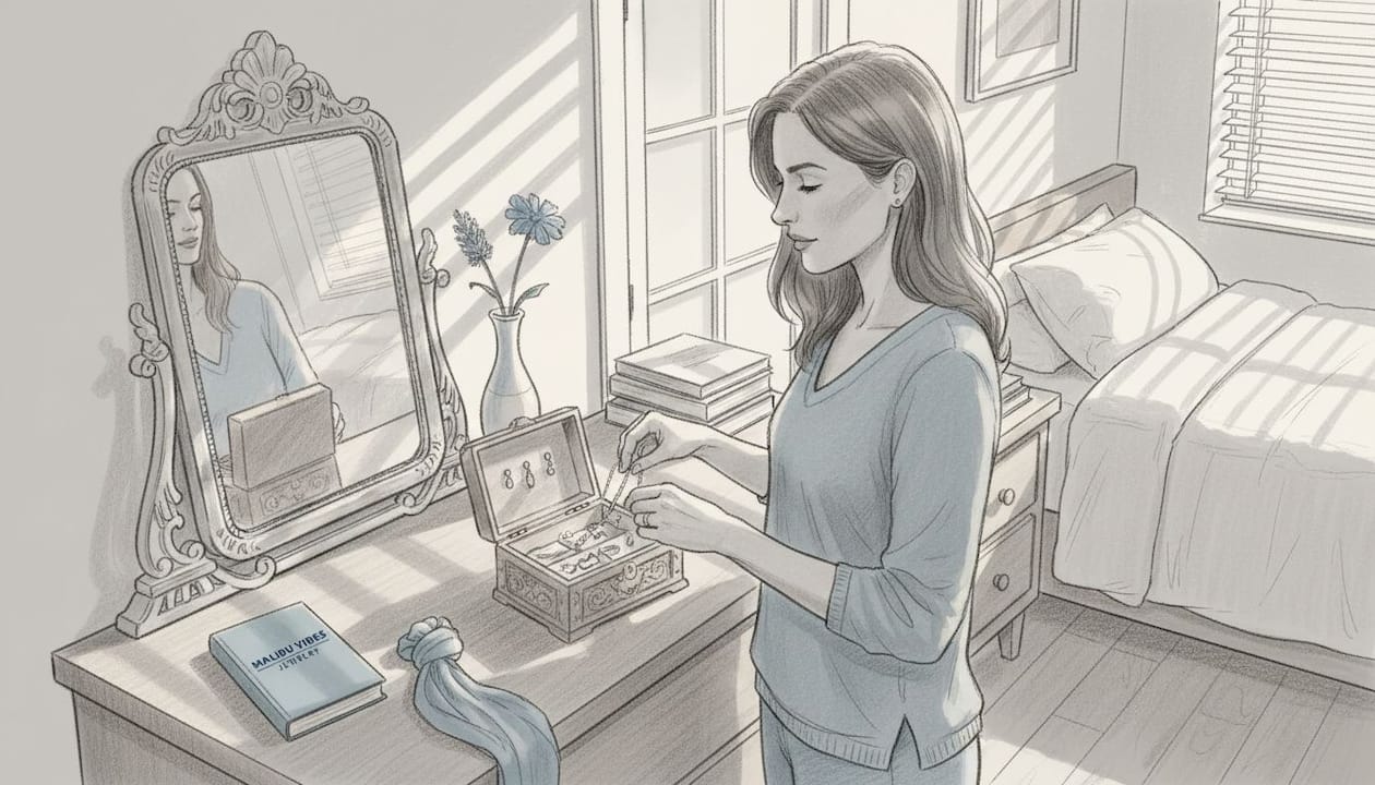 Woman choosing jewelry at her bedroom dresser