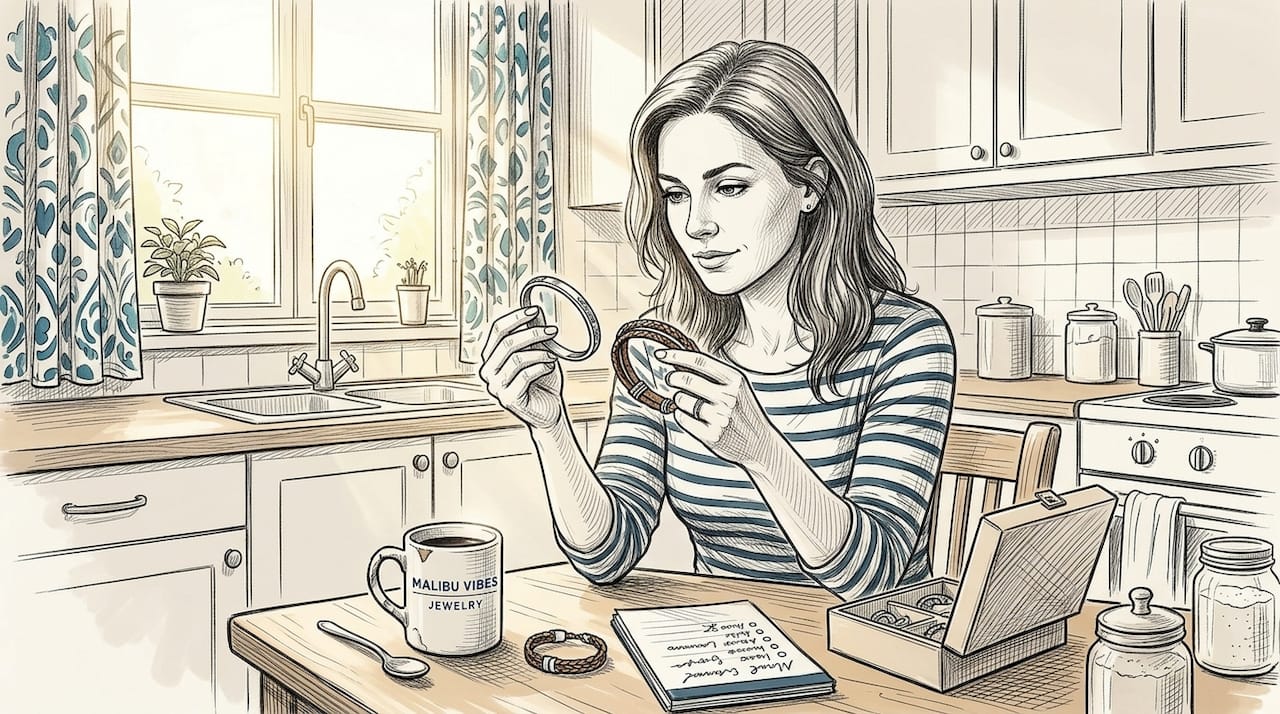 Woman compares bracelets at kitchen table