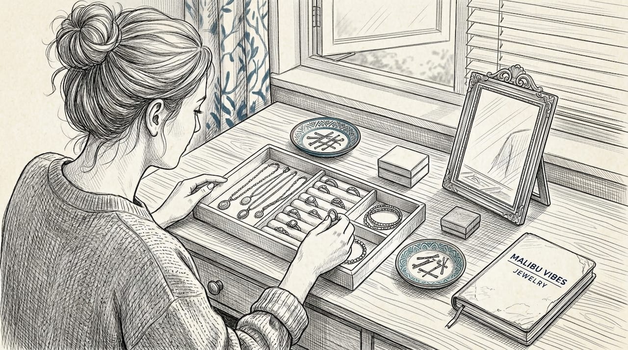 Woman arranging layered jewelry on dresser