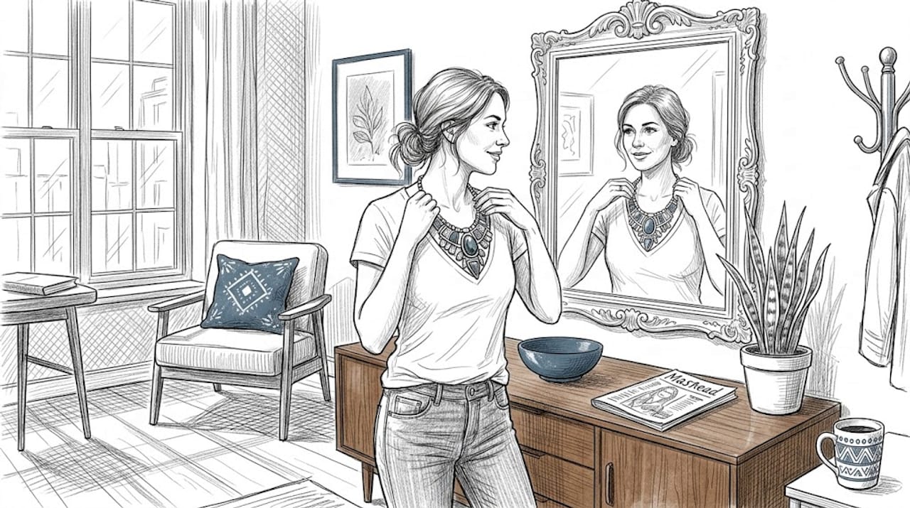 Woman adjusting statement necklace at home mirror