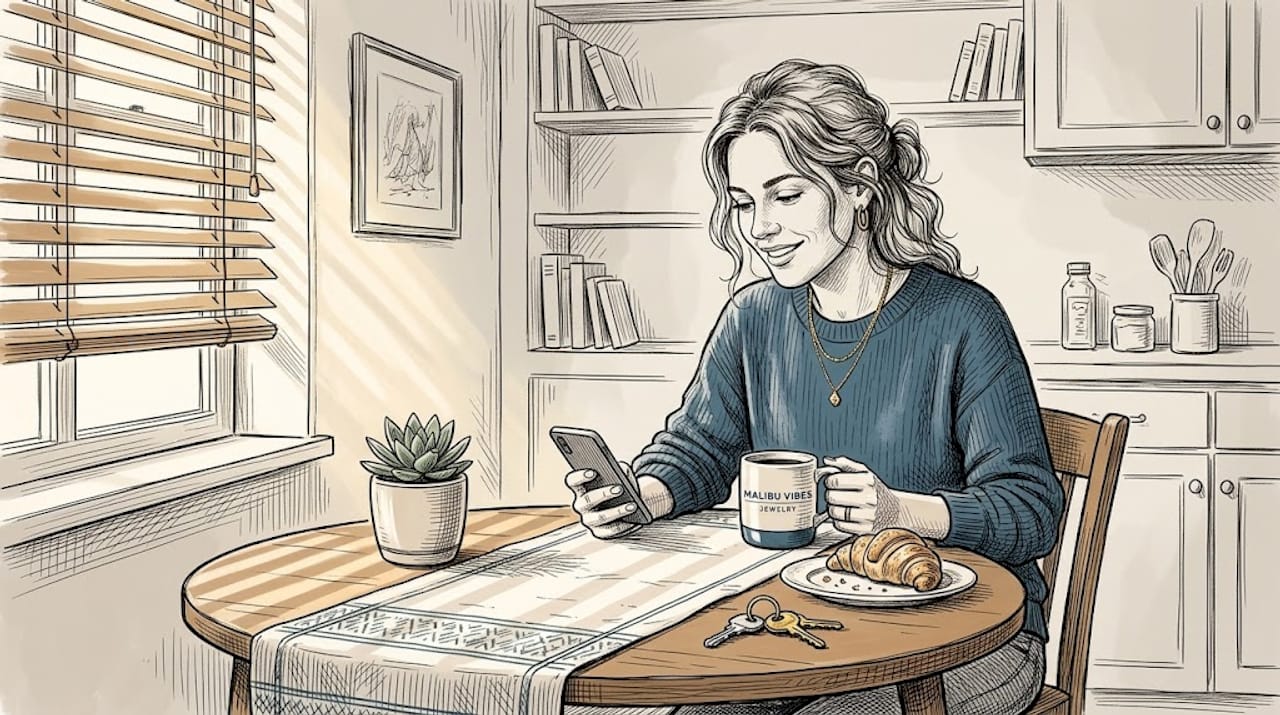 Woman wearing 14k gold jewelry at kitchen table