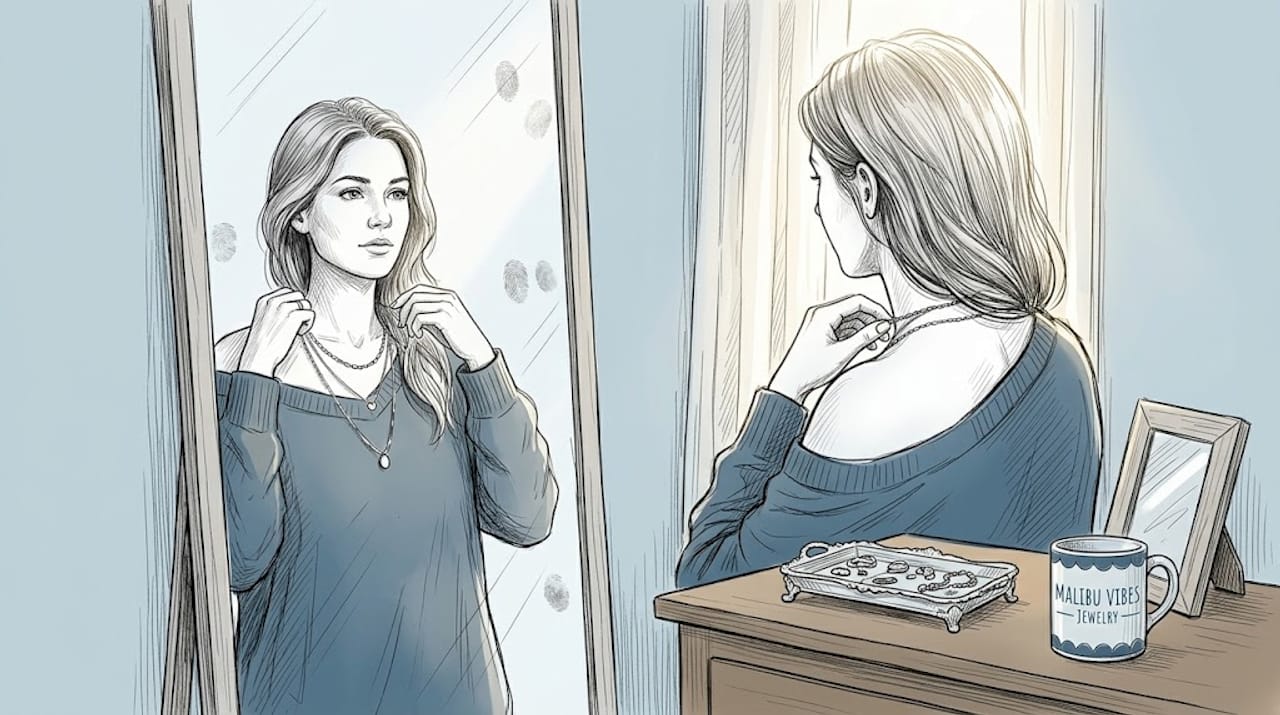 Woman layering necklaces at bedroom mirror