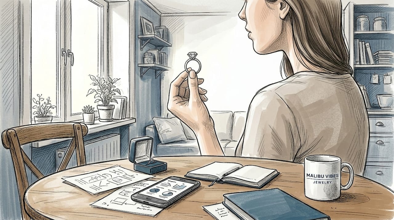 Woman examining diamond ring at kitchen table