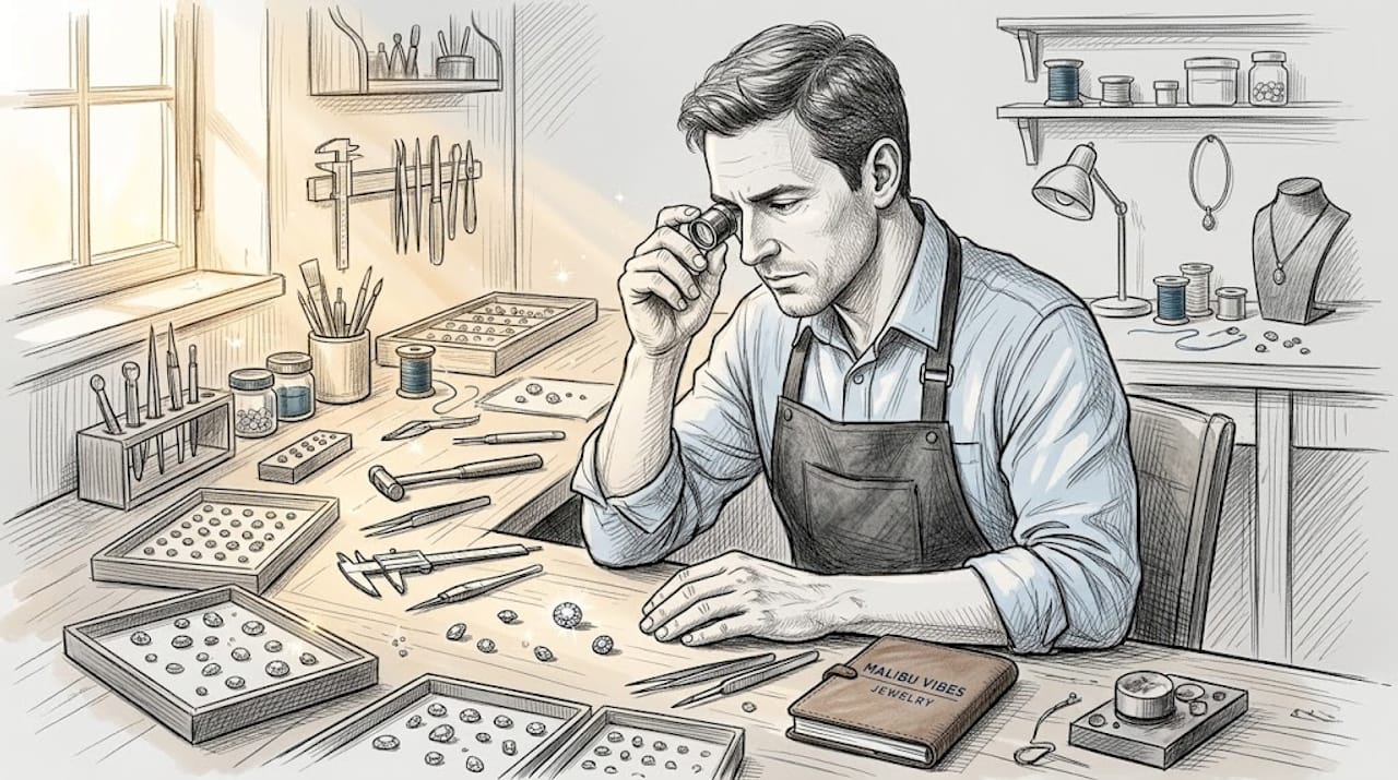 Jeweler inspecting gemstone at workbench