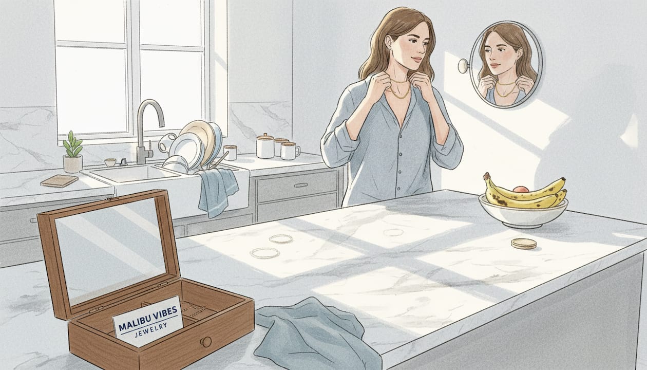 Woman selecting necklace in lived-in kitchen