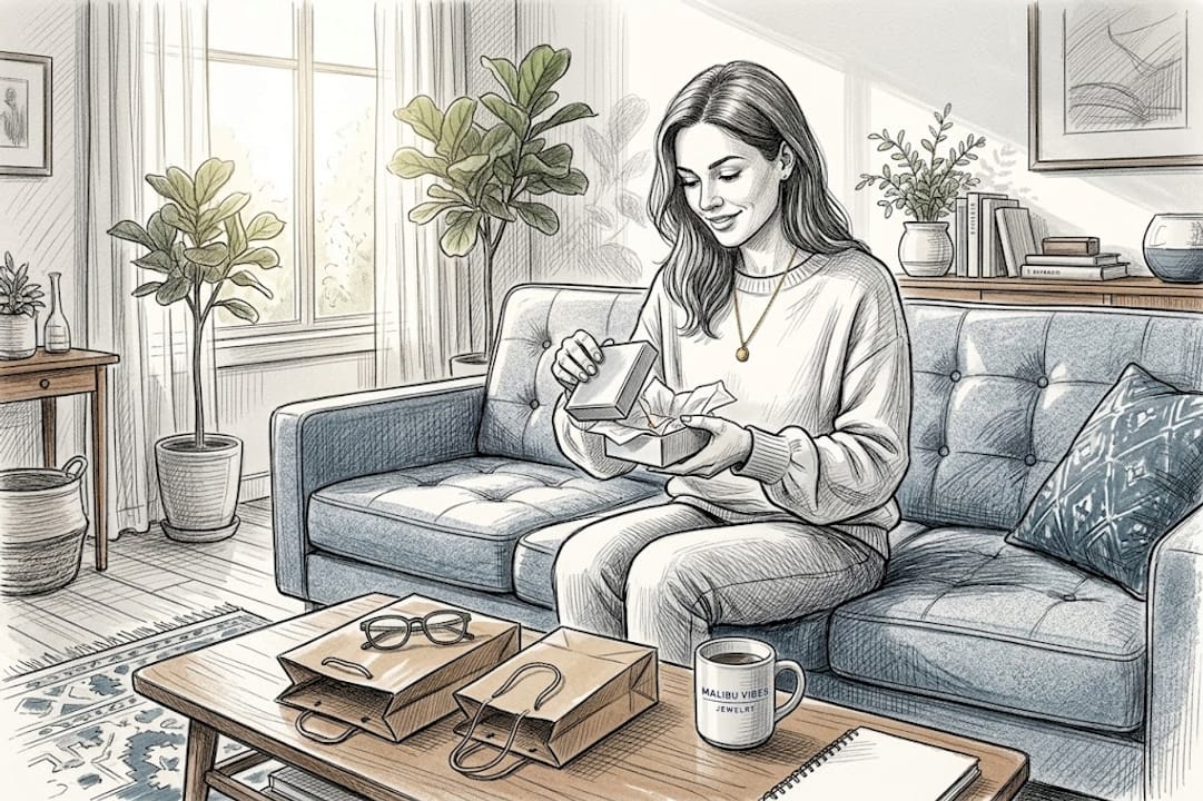 Woman opening jewelry gift on sofa