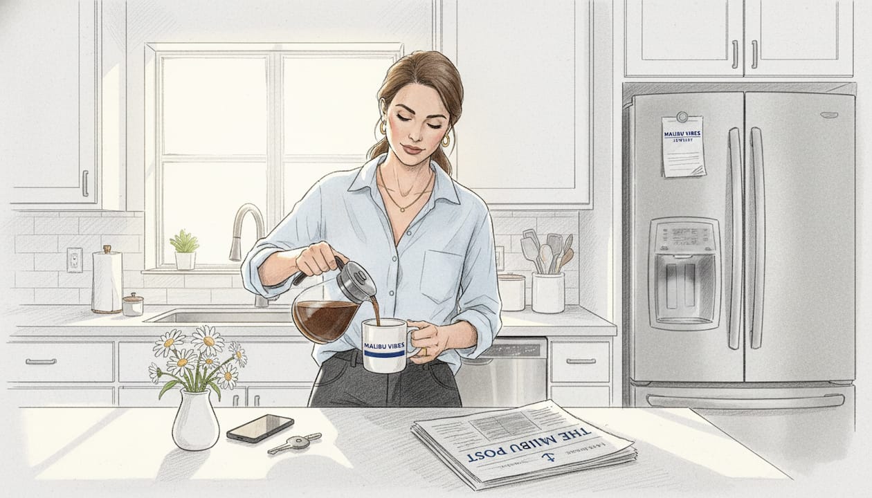 Woman wearing jewelry pouring coffee in kitchen