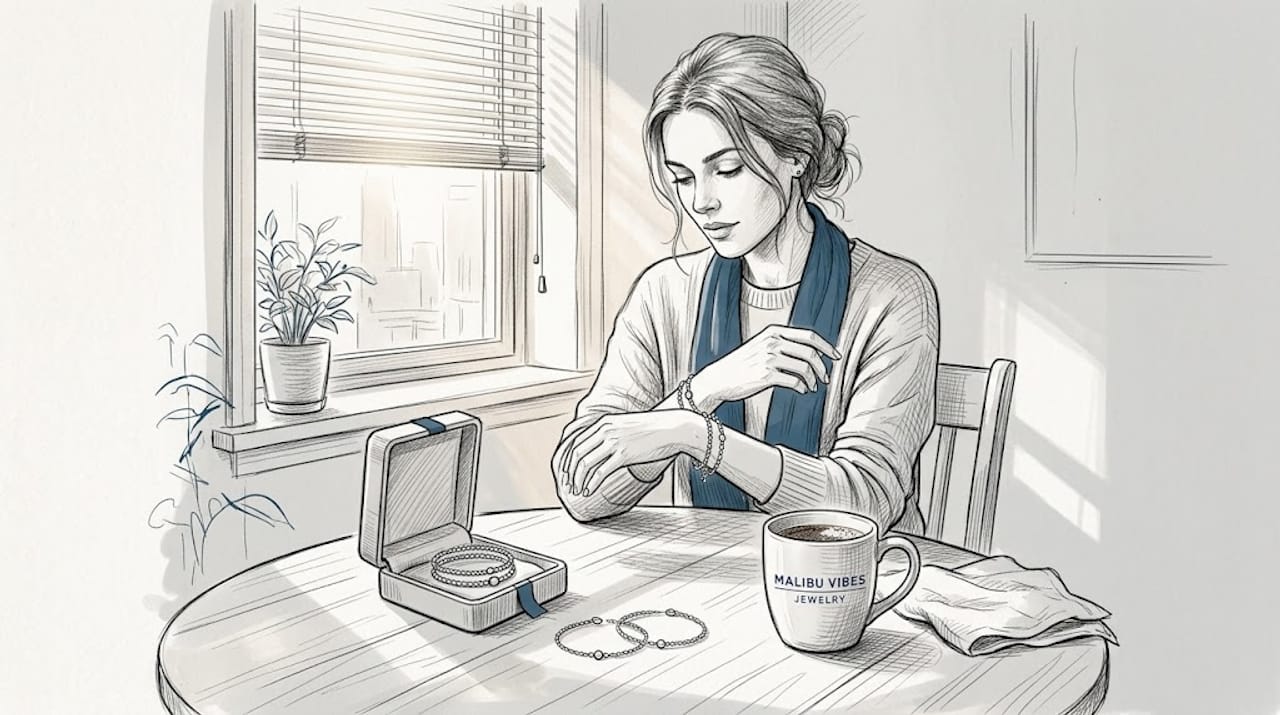 Woman stacking bracelets at dining table