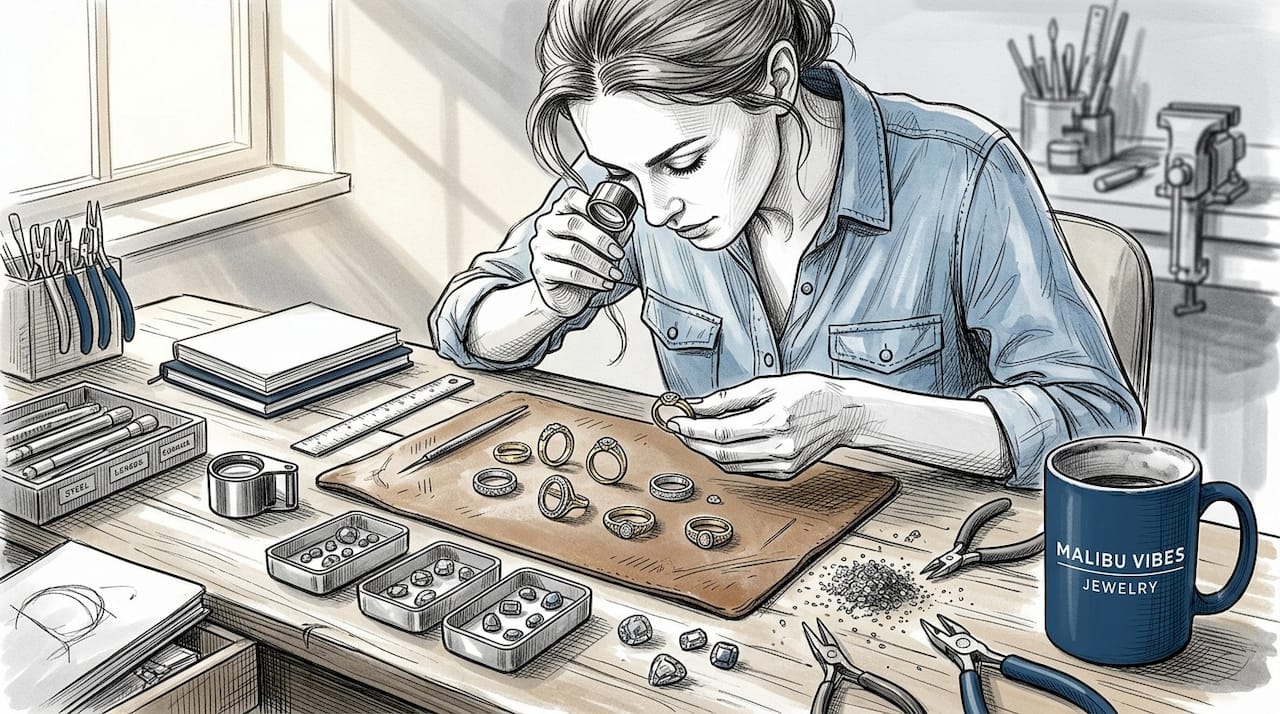Jewelry designer examining luxury rings at workbench