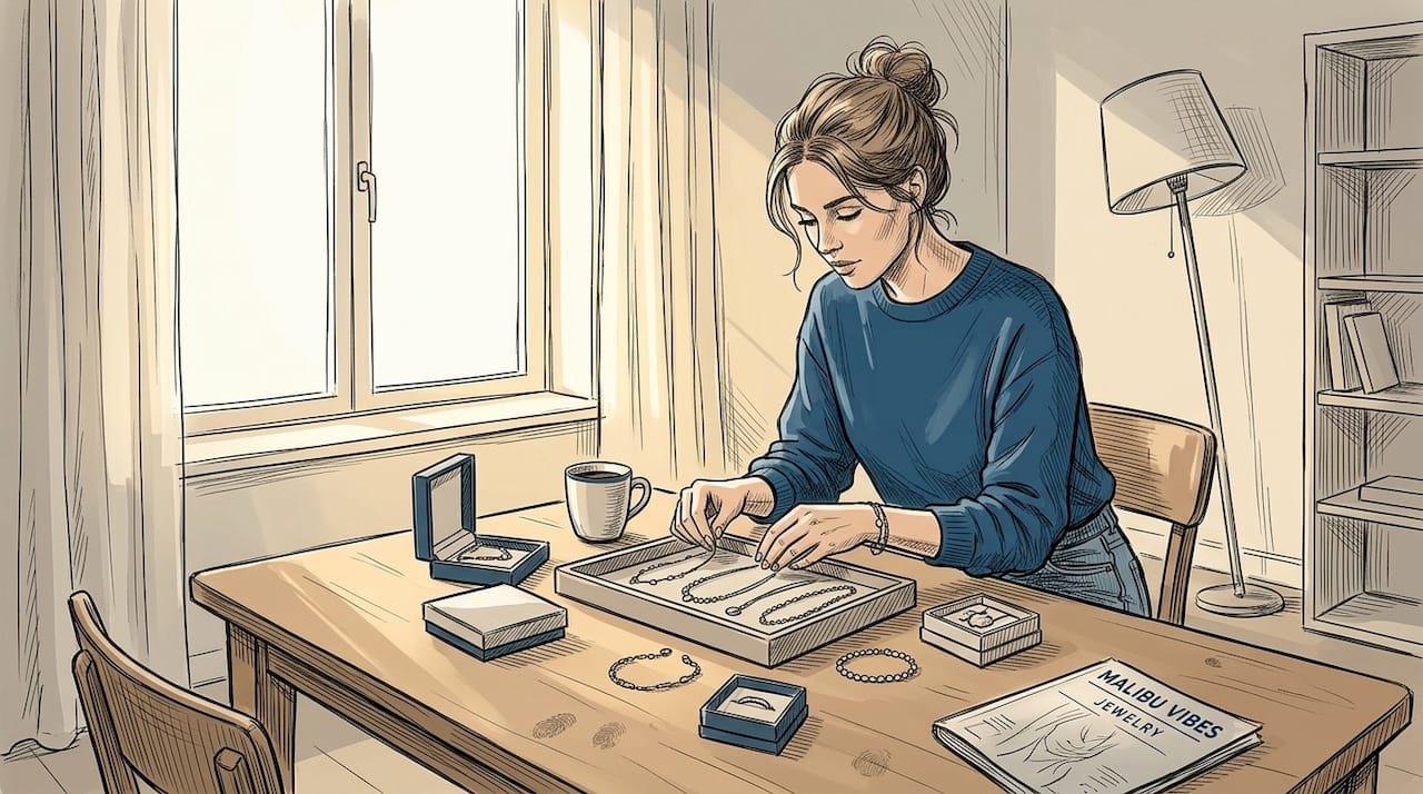 Woman arranging jewelry layers at home table