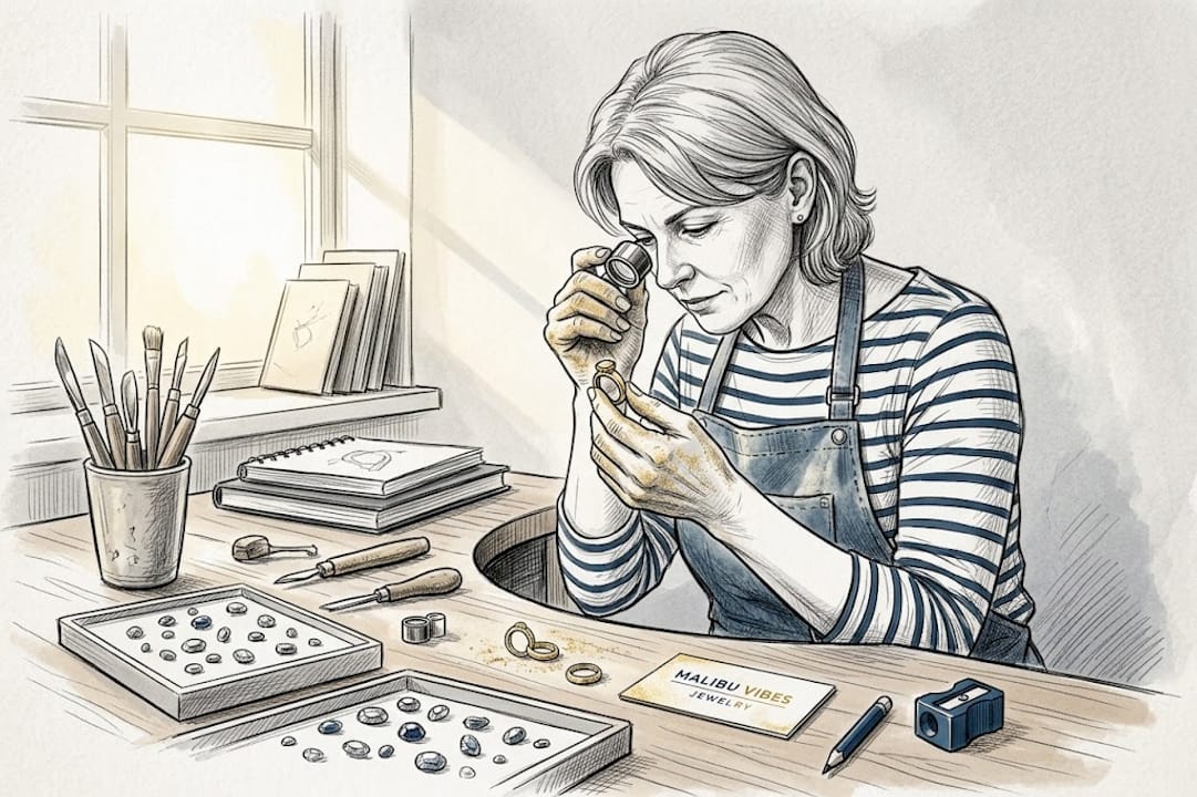Jeweler inspecting ring at oak workbench