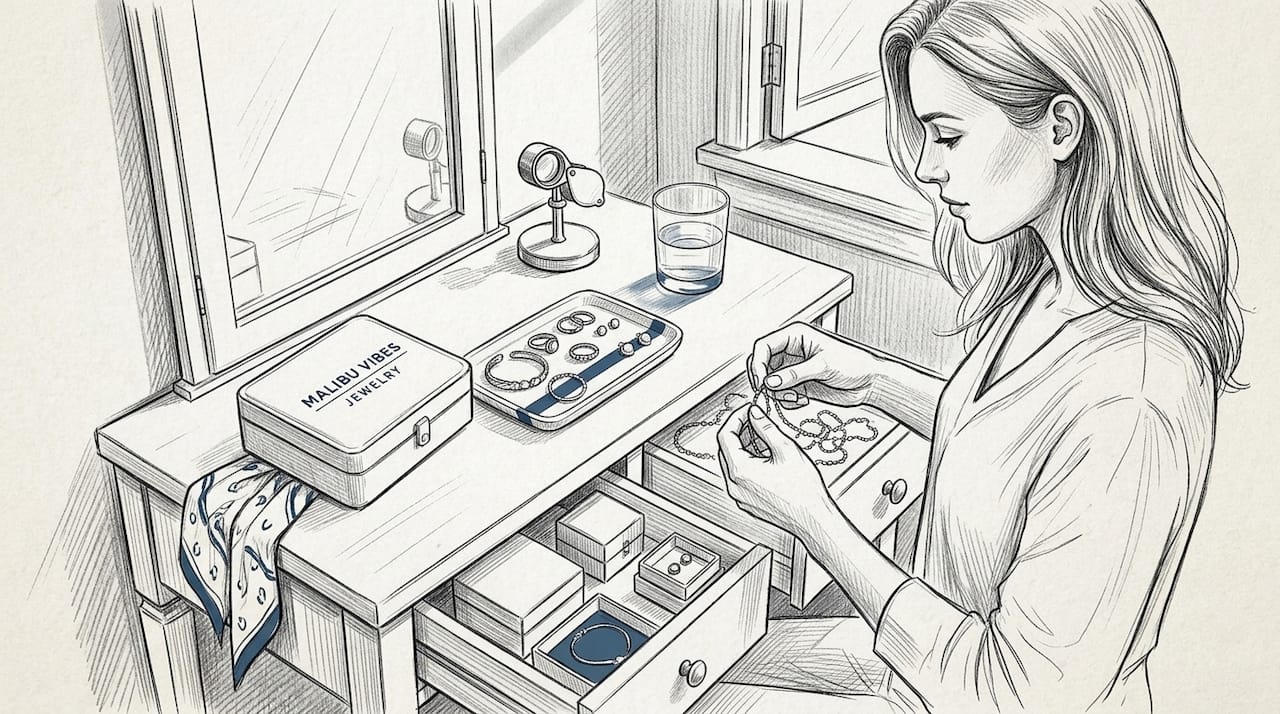 Woman organizing jewelry at sunlit vanity