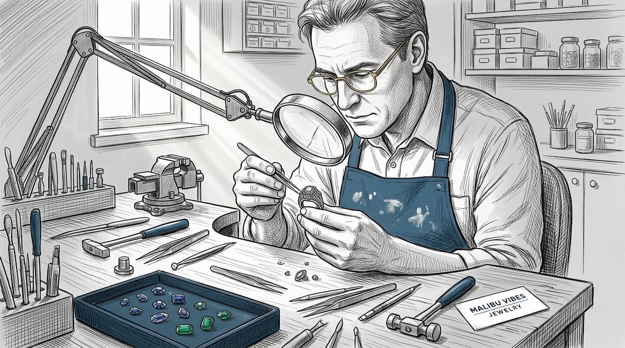 Jeweler inspecting gemstone setting details