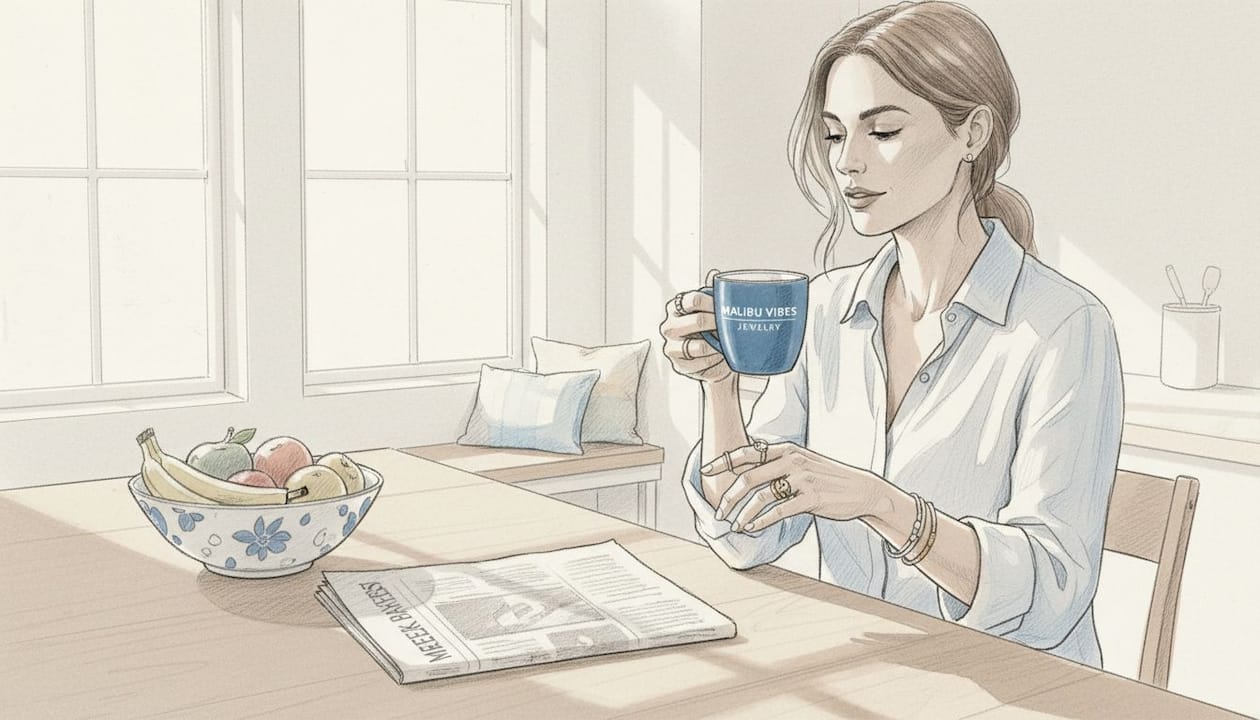Woman wearing demi-fine jewelry at kitchen counter