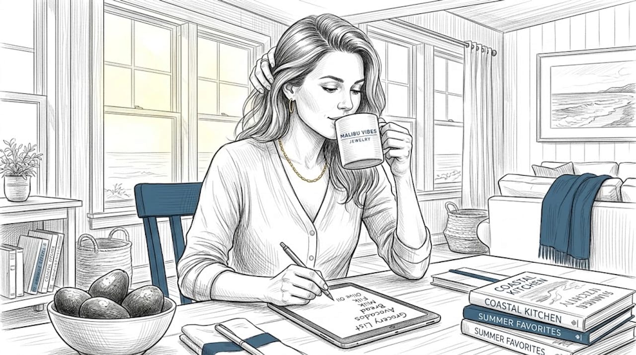 Woman wearing fine jewelry at kitchen table