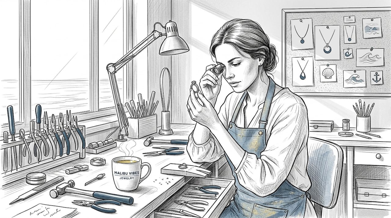 Jeweler examining ring at artisan workbench