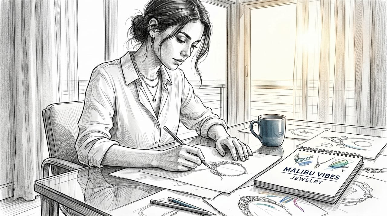 Jewelry designer sketching at cluttered studio table