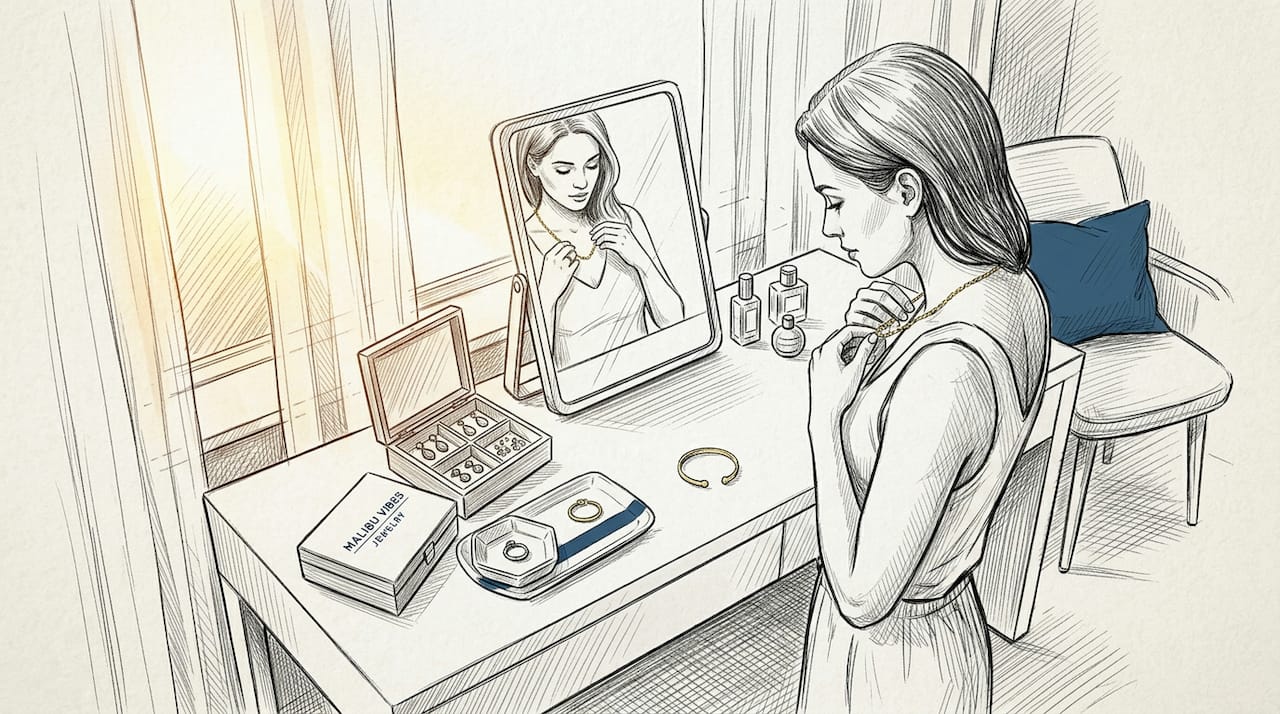Woman putting on gold jewelry at vanity