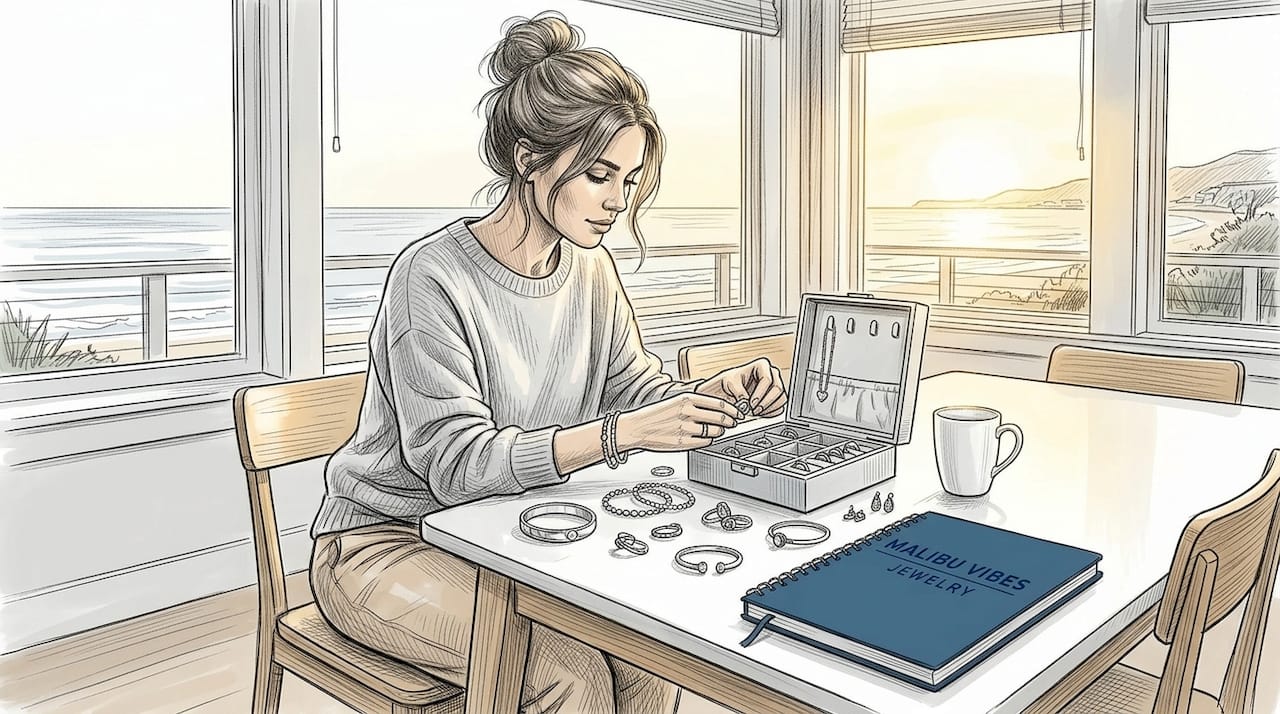 Woman reviewing sterling silver jewelry at home