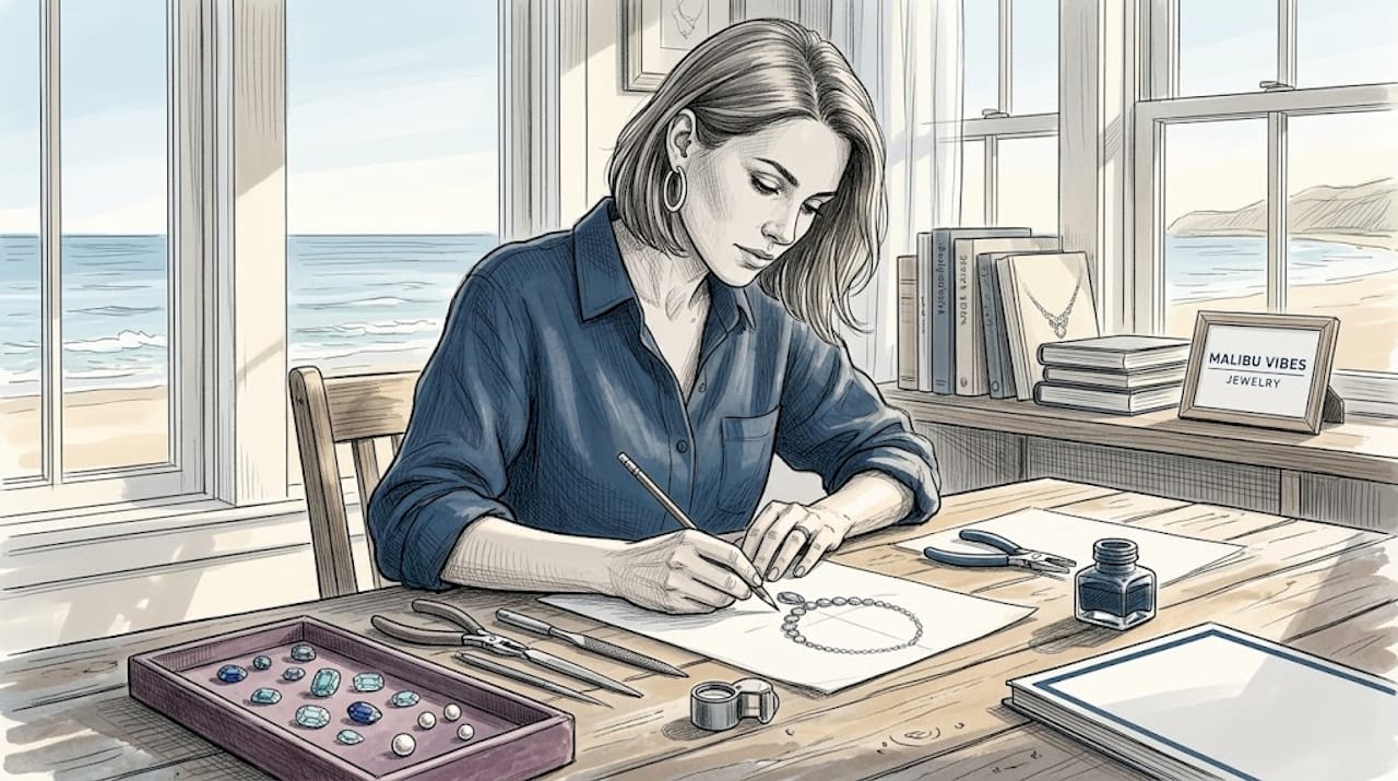 Jewelry designer sketching in sunlit studio