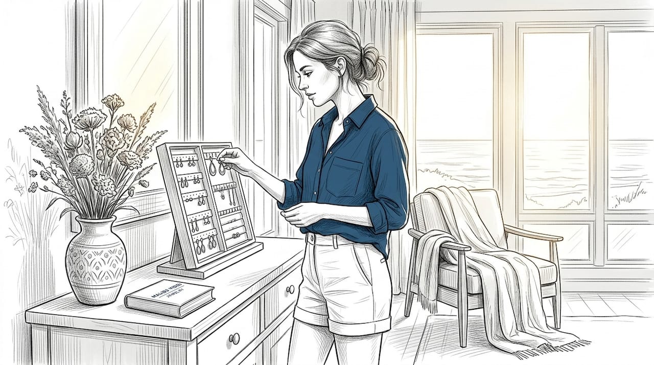 Woman choosing earrings from bedroom dresser