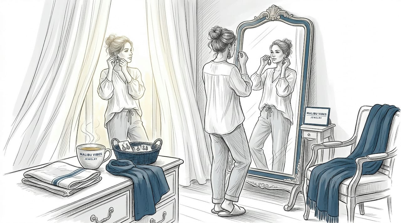 Woman comparing earrings in bedroom mirror
