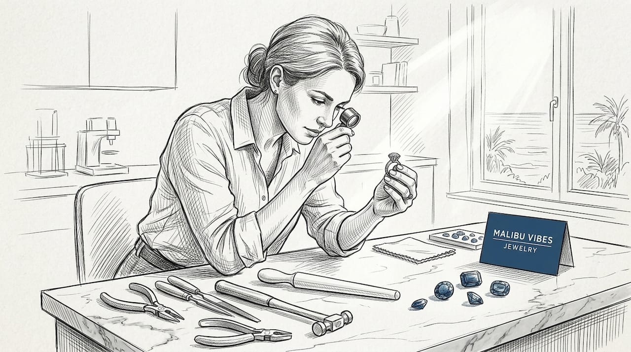Jeweler inspecting ring gemstone setting at workbench