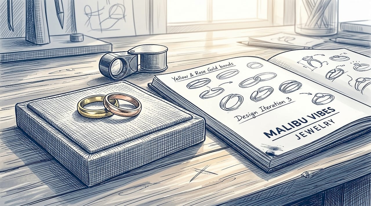 Gold wedding rings and jeweler sketchbook on table