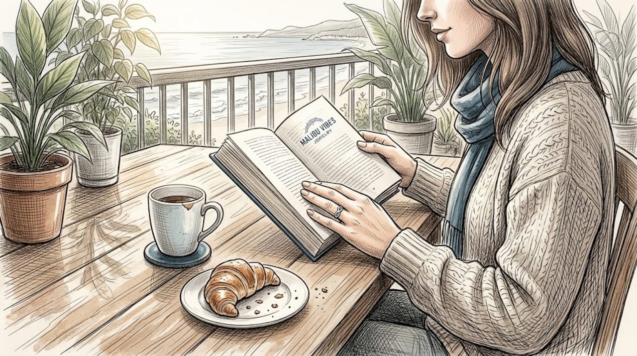 Woman wearing infinity ring reading at kitchen table
