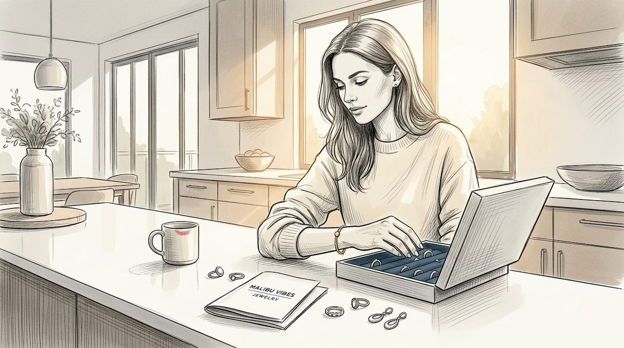 Woman selecting jewelry at sunlit table