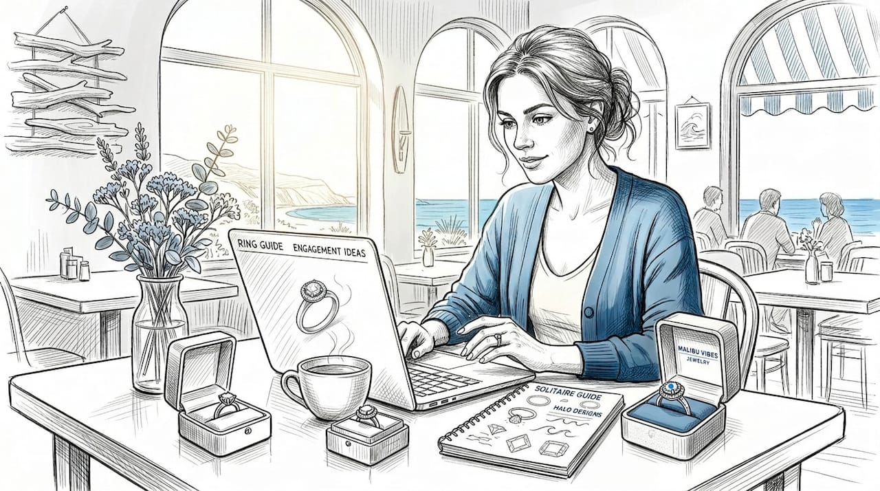 Woman browsing engagement rings at kitchen table