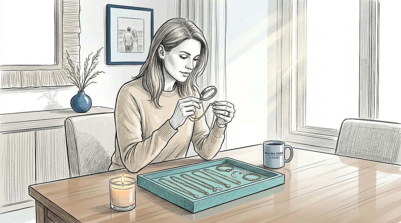Woman examining gold jewelry at kitchen table