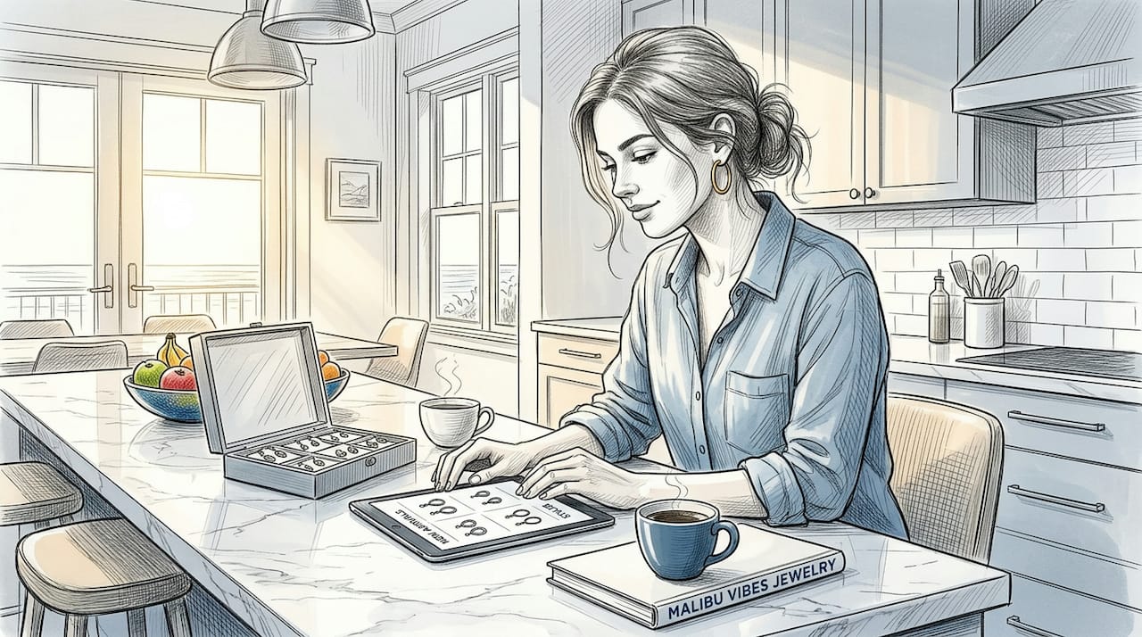Woman browsing gold hoop earrings in kitchen