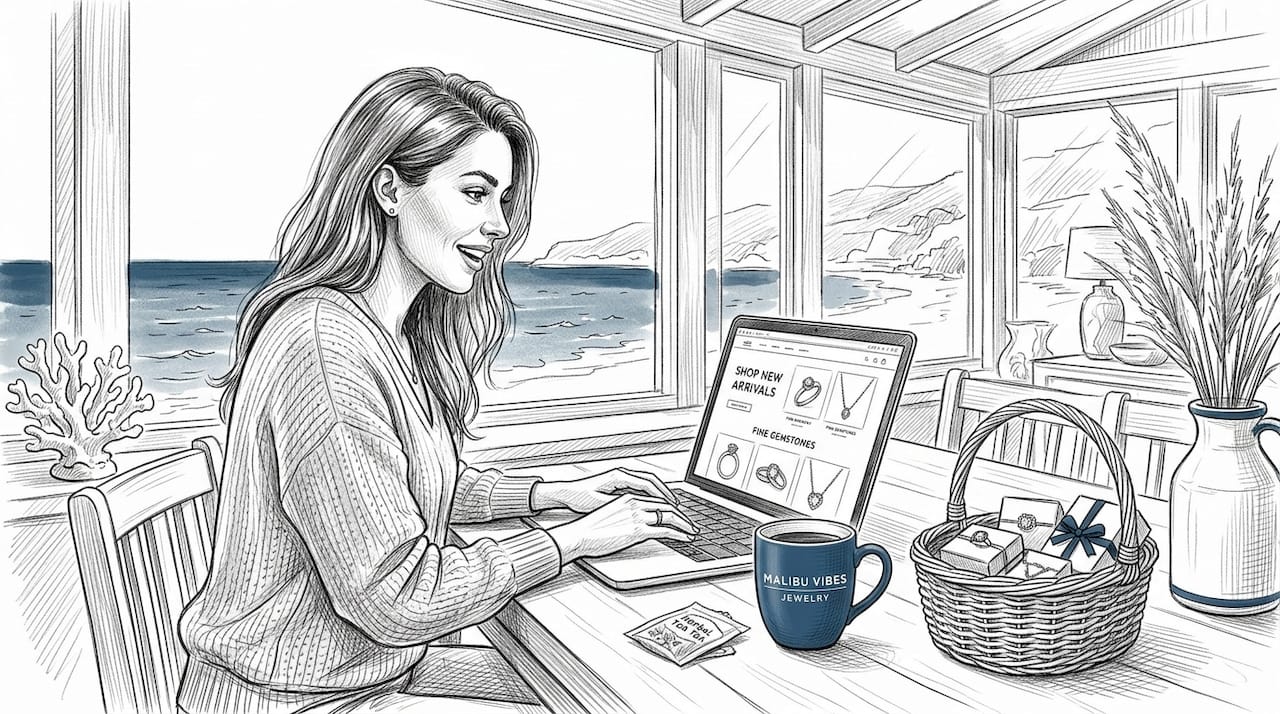 Woman browsing fine jewelry on laptop
