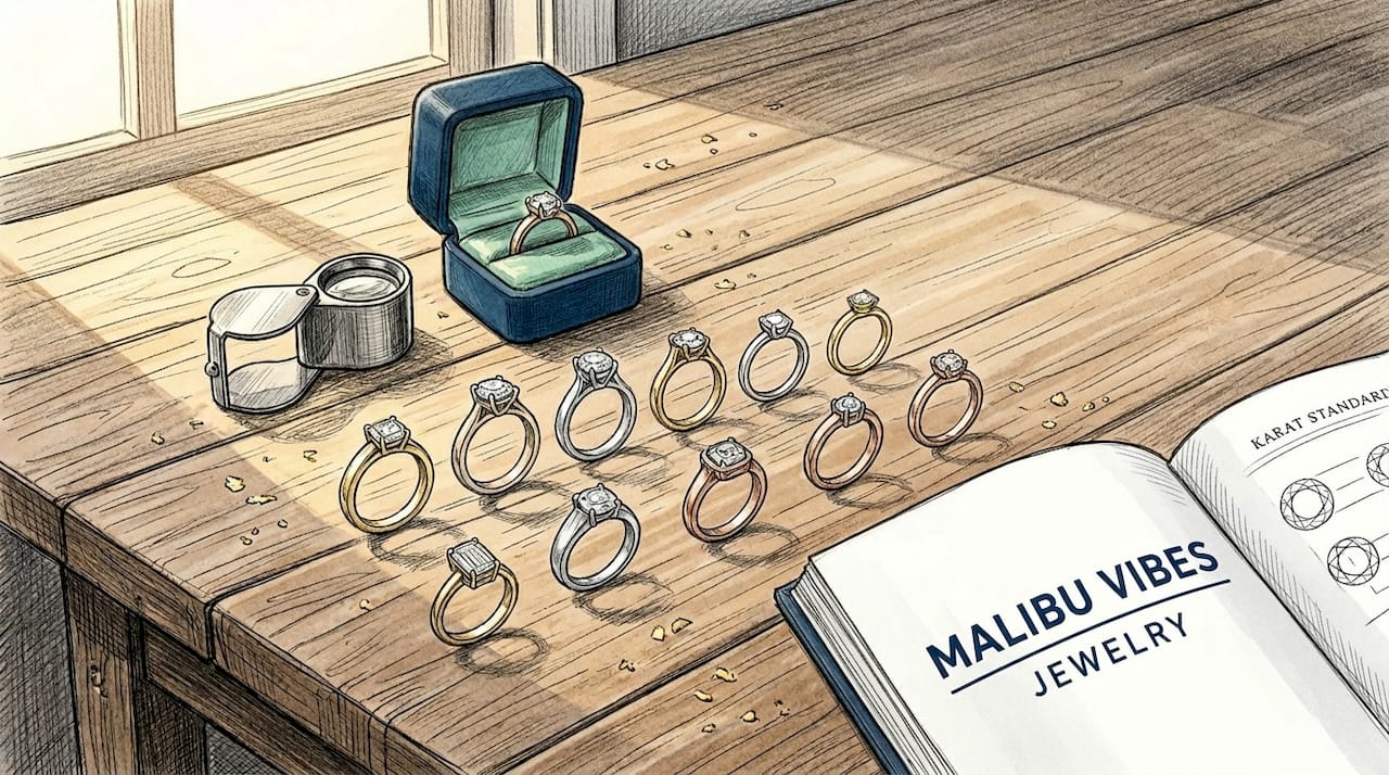Variety of gold engagement rings on jeweler's table