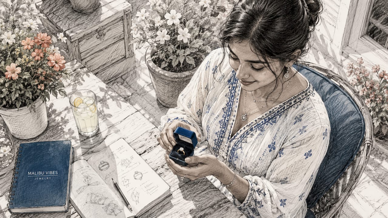 Woman examining gold engagement ring at table