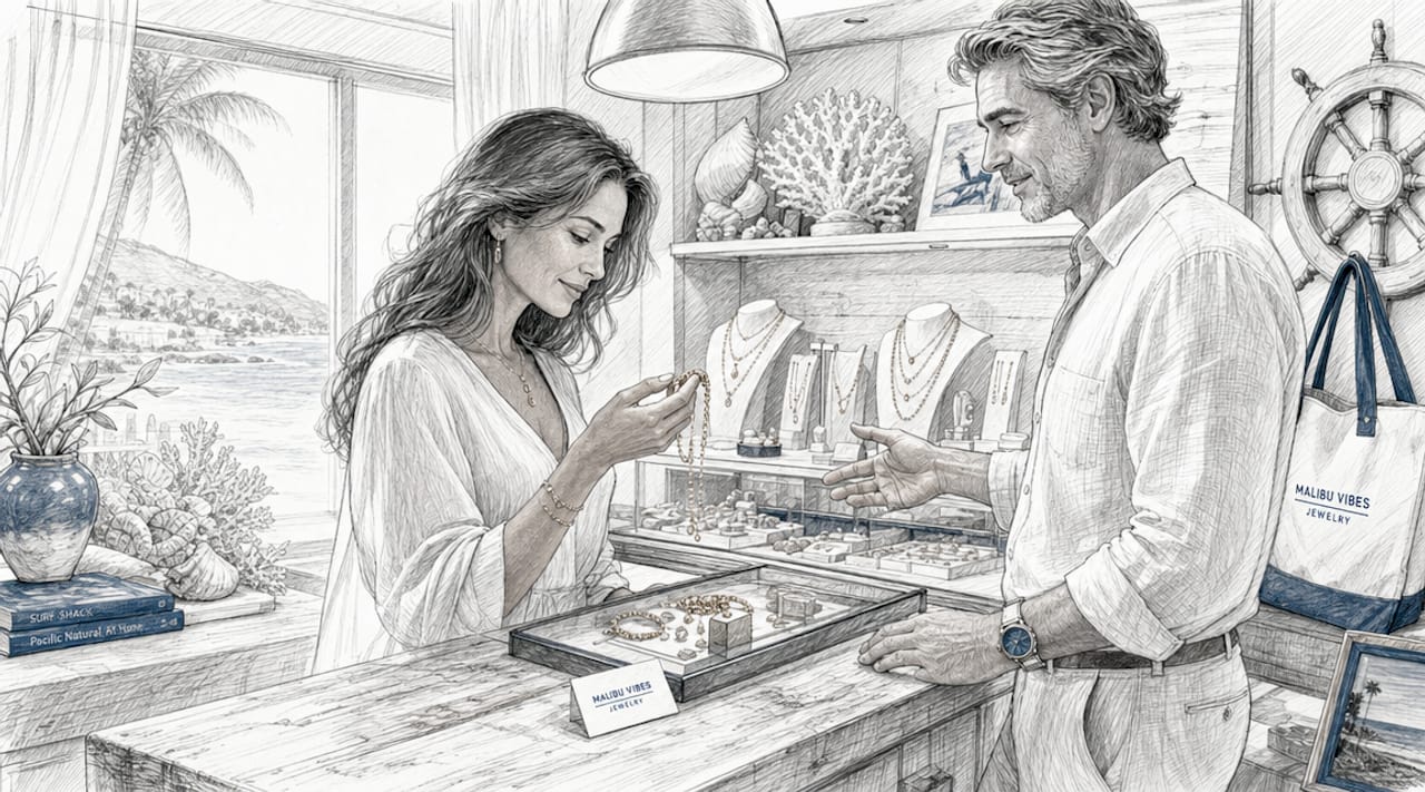 Customer examining gold necklace in boutique