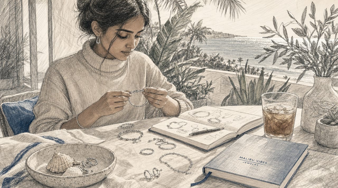 Woman examining ethical jewelry at home