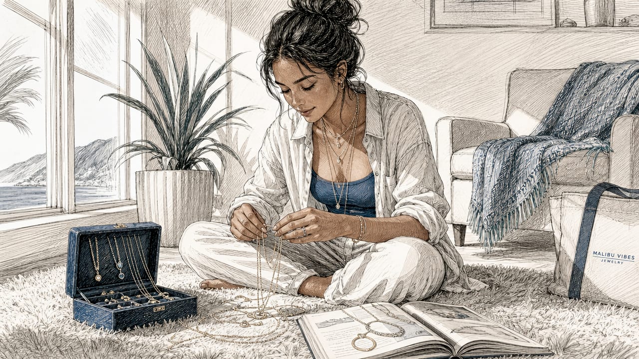 Woman layering necklaces at home vanity